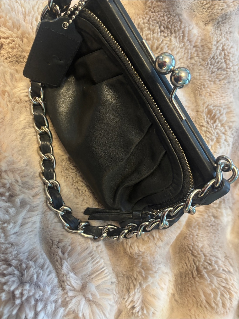 Coach Parker Kelly Bag Black Leather Chain-Handle Clutch with Silver Kisslock
